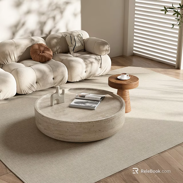 Modern Round Coffee Table With Magazines Decorative Object And Side Table In Bright Living Room 3d model 