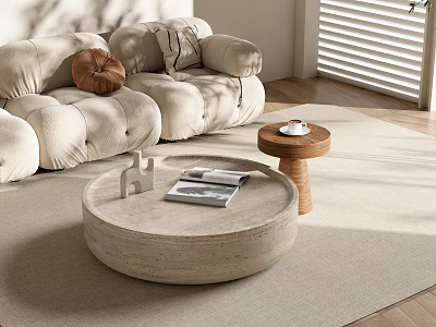 Modern Round Coffee Table With Magazines Decorative Object And Side Table In Bright Living Room 3d model