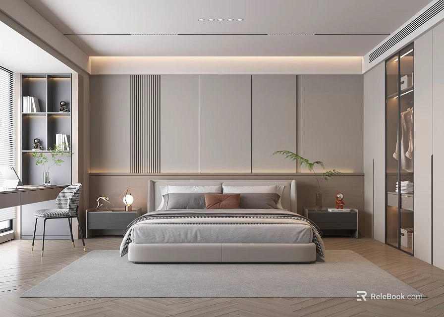Modern Bedroom Interior Design With Neutral Tones Bed Headboard Nightstands Desk Chair And Herringbone Rug 3d model 