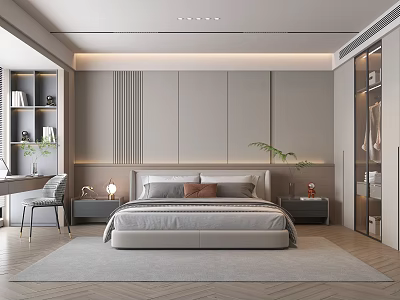 Modern Bedroom Interior Design With Neutral Tones Bed Headboard Nightstands Desk Chair And Herringbone Rug 3d model