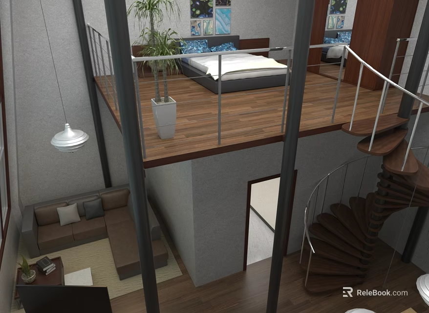 Loft Interior With Upper Bed Metal Railing Spiral Staircase Lower Sofa Wooden Floor Potted Plant 3d model 