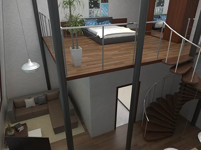 Loft Interior With Upper Bed Metal Railing Spiral Staircase Lower Sofa Wooden Floor Potted Plant 3d model
