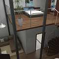 Loft Interior With Upper Bed Metal Railing Spiral Staircase Lower Sofa Wooden Floor Potted Plant