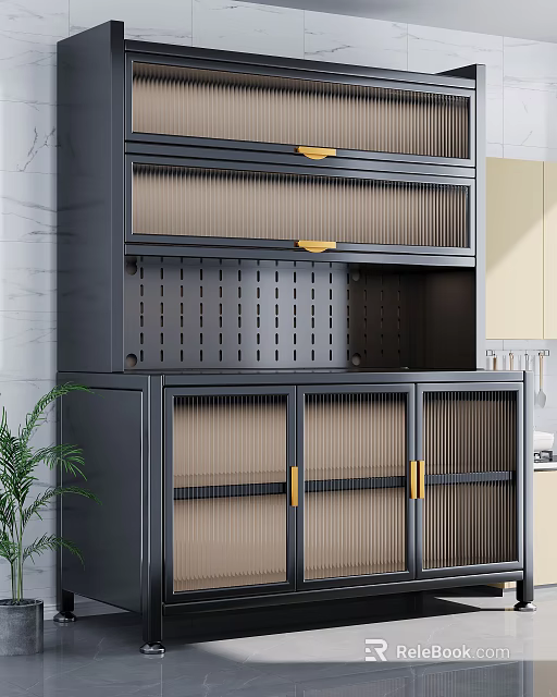Modern Black Frame Sideboard With Glass Doors Golden Handles And Green Plant In Kitchen 3d model 
