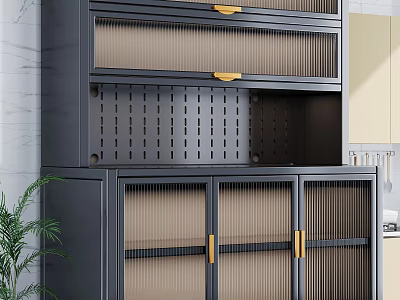 Modern Black Frame Sideboard With Glass Doors Golden Handles And Green Plant In Kitchen 3d model