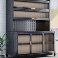 Modern Black Frame Sideboard With Glass Doors Golden Handles And Green Plant In Kitchen