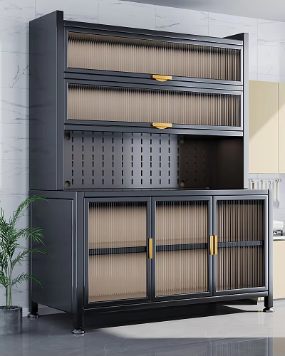 Modern Black Frame Sideboard With Glass Doors Golden Handles And Green Plant In Kitchen 3d model