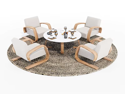 Round Dining Table with Four White Chairs Wooden Armrests and Decorative Items on Woven Rug 3d model