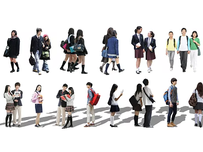 Groups of Young Students Wearing Different Outfits Carrying Backpacks in Campus Scenes 3d model