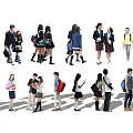 Groups of Young Students Wearing Different Outfits Carrying Backpacks in Campus Scenes