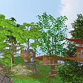 Multiple Wooden Treehouse Villas on Green Grassland With Platforms and Trees