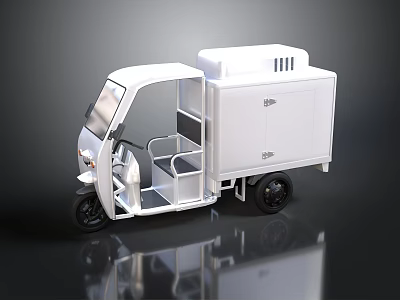 White Three Wheeler Delivery Vehicle With Cargo Box And Open Cabin 3d model