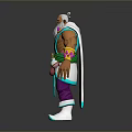 Muscular Old Man 3D Character in Purple Green Outfit with Ornate Cloak on Gray Background
