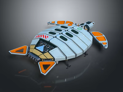 Futuristic 3D Spaceship Model With White Orange Design Circular Windows And Thrusters 3d model