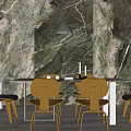 Modern Restaurant Interior With Marble Wall Dining Table Pendant Light Green Plant And Wooden Chairs