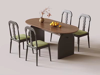 Oval Dining Table Set With Chairs Green Seats Dark Legs Vase Dried Flowers And Lemon 3d model