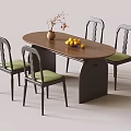 Oval Dining Table Set With Chairs Green Seats Dark Legs Vase Dried Flowers And Lemon