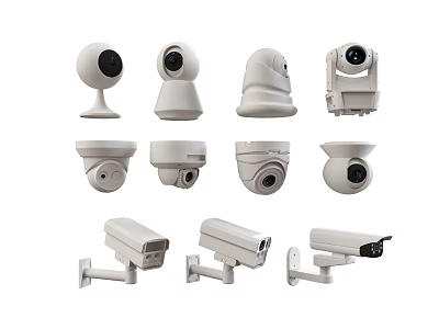Different Types of Security Surveillance Monitoring Cameras Including Dome Bullet and PTZ Models 3d model