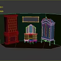 Cartoon Room Scene With Red Brick Fireplace Wooden Dressing Table Blue Cabinet And Green Background