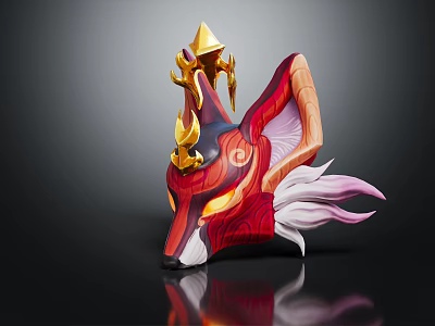Ornate Fox Mask With Golden Decorations Red Pink Ears And White Fur Elegant Costume Accessory 3d model