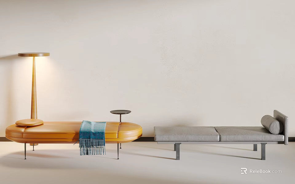 Modern Grey Single Sofa With Blue Throw Blanket And Small Side Table Near Floor Lamp 3d model