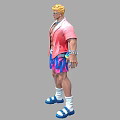 Man With Blonde Hair Wearing Pink Shirt Blue Pink Shorts White Socks And Blue Sandals