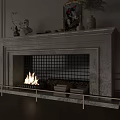 Elegant White Marble Fireplace With Burning Fire Artwork Vases And Stacked Books