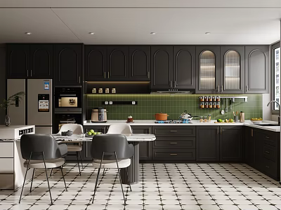 Modern Kitchen Interior With Dark Cabinets Green Tiled Backsplash Island Counter And Dining Table Chairs 3d model