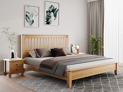 Nordic Style Solid Wood Double Bed With Comfortable Bedding For Cozy Bright Modern Bedroom Decor 3d model