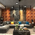 Modern Industrial Open Plan Living And Dining Room With Cozy Sofa And Exposed Brick Wall