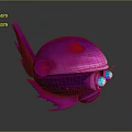 Vibrant Purple Creature Character 3D Model With Spherical Body Fins And Blue Glowing Eyes