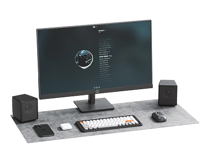 Sleek Desktop Computer Setup With Monitor Keyboard Mouse Speakers And Smartphone On Mouse Pad 3d model