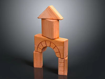 Wooden Building Blocks Stacked Into Tower With Roof Like Triangle And Arch Shapes 3d model