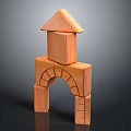 Wooden Building Blocks Stacked Into Tower With Roof Like Triangle And Arch Shapes