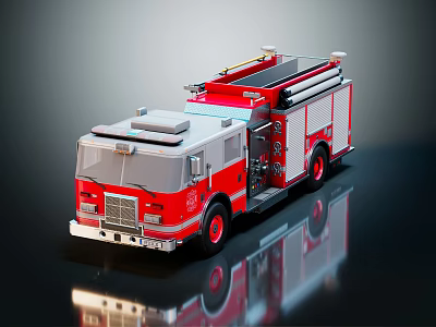 Red Diecast Fire Truck Model With Detailed Features And Shiny Surface Reflection 3d model