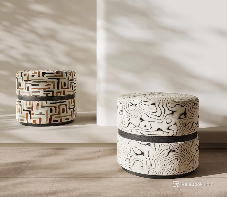Patterned Cylindrical Stools Featuring Geometric And Abstract Designs In Indoor Space 3d model 