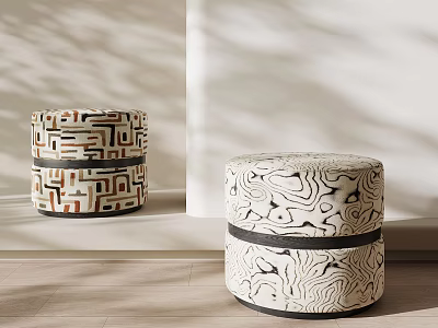 Patterned Cylindrical Stools Featuring Geometric And Abstract Designs In Indoor Space 3d model