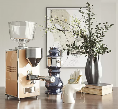 Stylish Kitchen Appliances Coffee Grinder And Blue Device On Countertop With Decorative Plants And Books 3d model