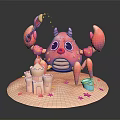 Cute Pink Cartoon Crab Figure With Sandcastle And Blue Bucket On Beach Base