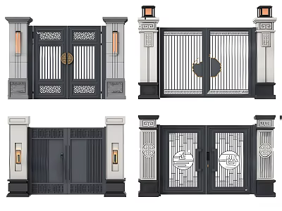 Traditional Modern Entrance Gate Design With Decorative Carvings And Lantern Lights 3d model