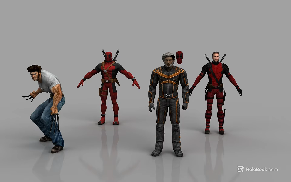Game Movie Characters In Action Poses With Red Gray Costumes And Weapons 3d model 