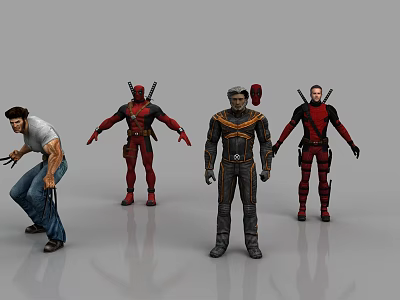Game Movie Characters In Action Poses With Red Gray Costumes And Weapons 3d model