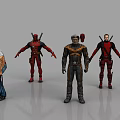 Game Movie Characters In Action Poses With Red Gray Costumes And Weapons