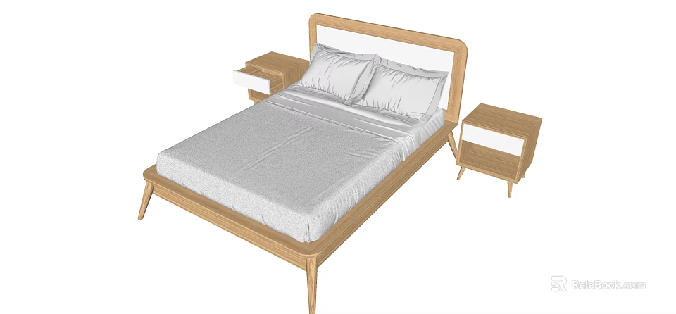 Modern Double Bed With Wooden Frame Two Side Tables And Light Bedding 3d model