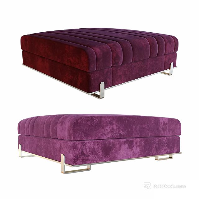 Modern Burgundy Velvet Ottoman With Tufted Design And Sleek Metal Legs For Living Room Decor 3d model 