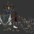 Various Fantasy Tribal Decorative Items With Antler Tapestry Flags Statues And Structures