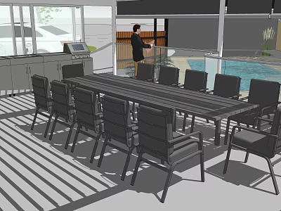 Modern Conference Table With Surrounding Black Chairs In Bright Indoor Space 3d model