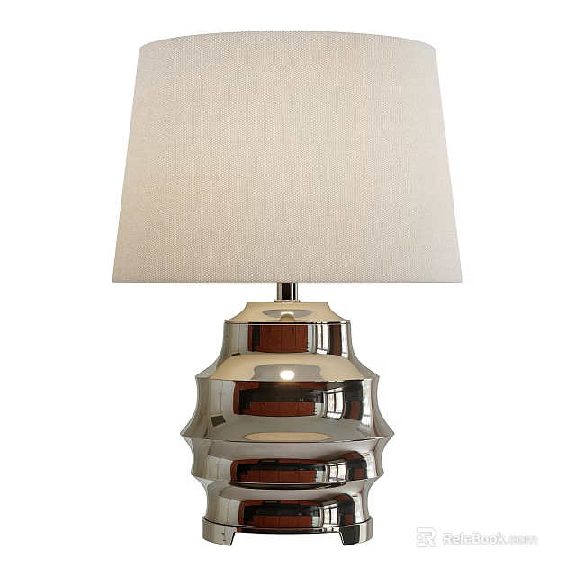 Elegant Chrome Table Lamp With Layered Metallic Base And Linen Shade 3d model 