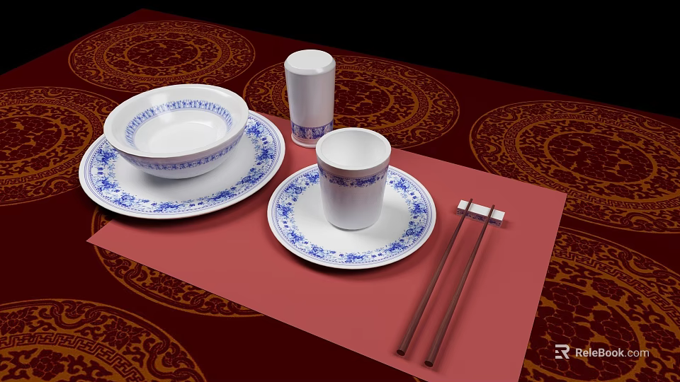 Chinese Tableware Set with Bowl Plate Cup Chopsticks and Blue Patterns on Red Tablecloth 3d model 