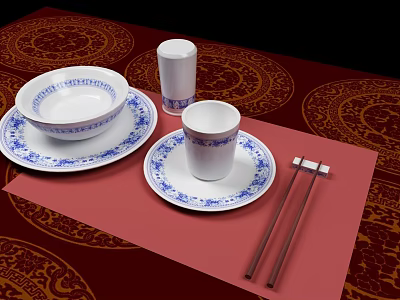 Chinese Tableware Set with Bowl Plate Cup Chopsticks and Blue Patterns on Red Tablecloth 3d model